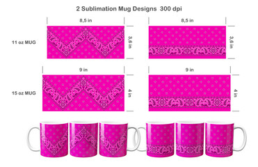 2 pink paisley bandana patterns. Sublimation templates for 11 oz and 15 oz coffee mug. Sublimation illustration.