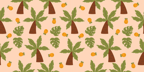 Handdrawn summer pattern with palm trees and pineapples. Vector seamless design on beige background.