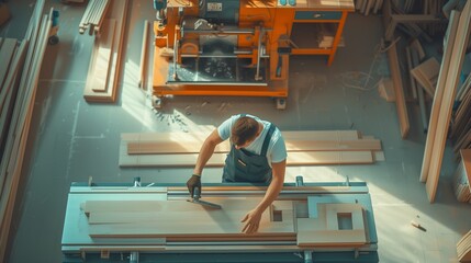 carpenter works wood with modern machines in a large workshop