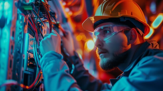 electrician and engineer work on an electrical circuit with many cables for communication and data transfer