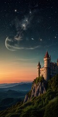 Majestic moonlit castle on a hilltop, silhouetted against the starry night sky