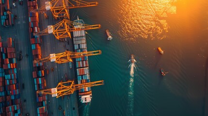 Aerial View of Bustling Port at Sunset with Cranes Loading Colorful Containers onto Cargo Ships