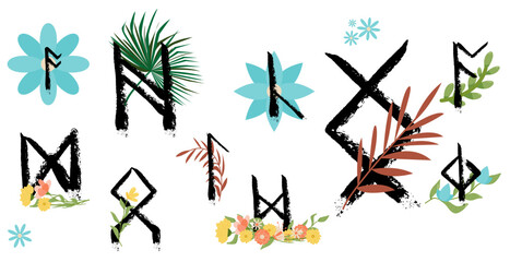 Rune. Hand Drawn Wax Chalk Texture, Mystical, Esoteric, Occult, Magic Glyphs with Floral, Flower