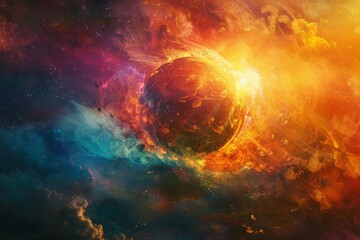 Obraz premium There is the brightness of the aurora in an abstract universe where the Earth is wrapped in Cosmic Rays as the sun explodes in the background 