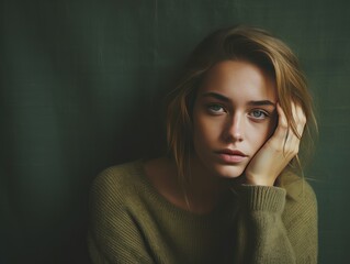 Olive background sad european white Woman realistic person portrait of young beautiful bad mood expression Woman Isolated on Background depression 