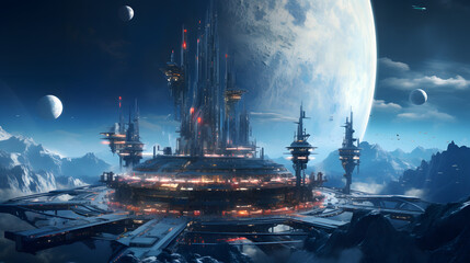 A futuristic space station orbiting a distant planet, with spaceships docked and astronauts working on various tasks - Powered by Adobe