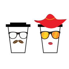 Two paper cups with man and woman faces