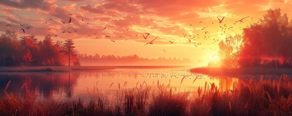 Obraz premium Swamp with migratory birds flat design side view bird watching theme 3D render Complementary Color Scheme