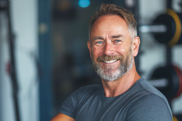 Obraz premium Smiling Mature Man in Gray Shirt at Gym