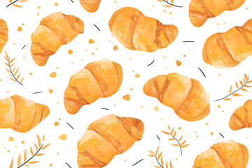 Flying croissants watercolor seamless pattern isolated on white background