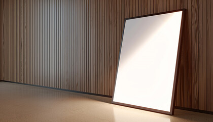 A detailed view of one empty white frame with dark borders, spotlighted against a wall featuring a polished wood paneling