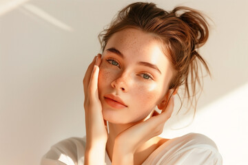 Fototapeta premium Portrait of a woman with fresh skin. To promote facial creams.