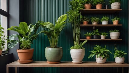 Chic home garden, lush plants, stylish pots, green wall paneling.