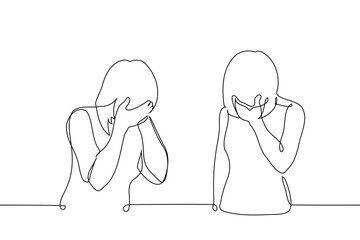 women standing nearby covered their face with their palms - one line art vector. concept of shame, cringe, sob and grieve