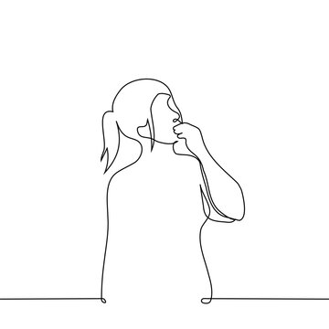recommend clip art: woman stood with her hand against her mouth and raised head - one line art vector. concept to think about. ponder, puzzled