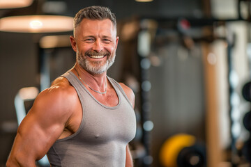 Naklejka premium Smiling Muscular Man in Gray Tank Top at Gym