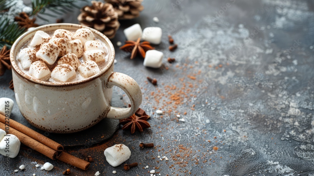 Poster a mug of hot chocolate with marshmallows and cinnamon on a table