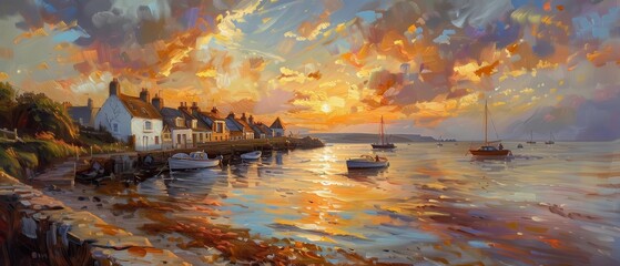 An oil painting of a serene coastal village at sunset