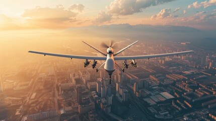 military unmanned aerial vehicle flies over the city during the daytime - Powered by Adobe