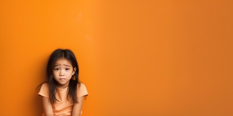 Orange background sad Asian child Portrait of young beautiful in a bad mood child Isolated on Background, depression anxiety fear burn out health issue 