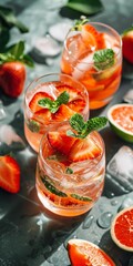 Refreshing summer beverages with fresh strawberries, mint, & grapefruit slices on ice; ideal for picnics, barbecues, or outdoor gatherings.