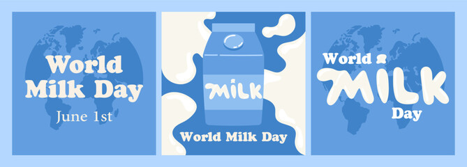 World milk day. 1 June. Banner, card, poster, flyer with dairy drops and splash, milk box. National dairy month. Vector illustration in flat hand drawn style