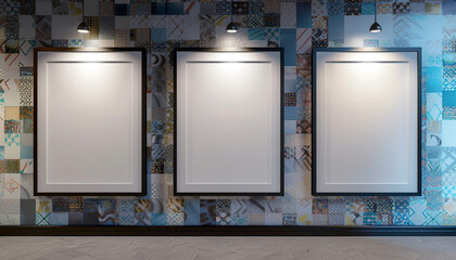 A modern design office featuring three white frames with dark borders, each uniquely angled and spotlighted against a wall with 
