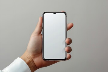 An upright horizontal layout with ample text space is presented in this hand-holding smartphone mock-up on a grey background cutout perspective, Generative AI.