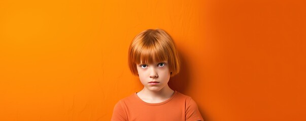 Orange background sad European white child realistic person portrait of young beautiful bad mood...