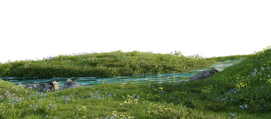 Tranquil Green Landscape with Reflective Pond. 3D rendering.