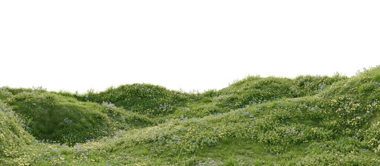 Hills with grass on a transparent background. 3D rendering.