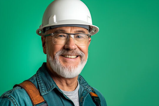 Smiling Mature Construction Worker in White Hard Hat