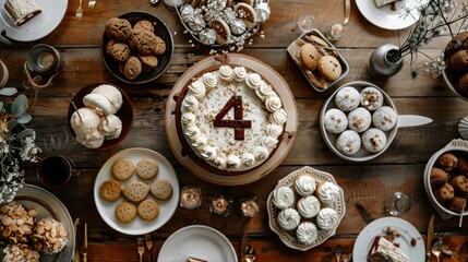 Vintage Themed 4th Birthday Party Table Spread: Rustic Homemade Cake, Cookies and Cream, Delicious Treats for Celebration and Design