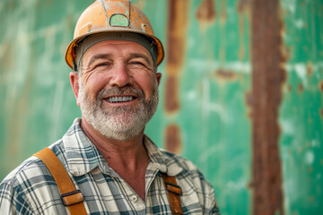 Smiling Senior Construction Worker in Yellow Hard Hat