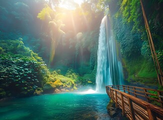 Photo of T job waterfall in T Teams, most beautiful waterfalls on the planet with turquoise blue waters and wooden bridge leading to it in Balinese jungle - Powered by Adobe