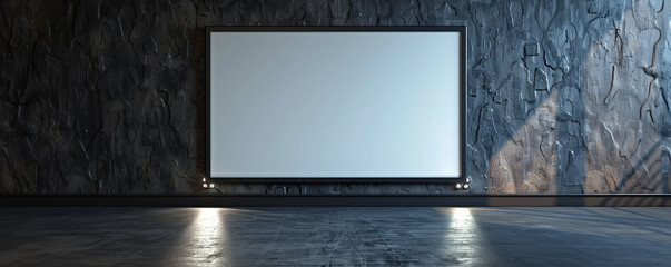 A single large empty white frame with dark borders, centrally spotlighted against a textured dark gray wall in a contemporary design studio. 