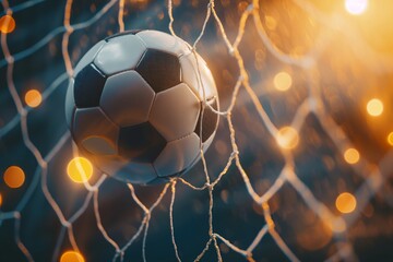 Soccer ball caught in net with sunset and stadium light in background