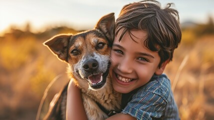 Cute close up portrait of cheerful child and his pet on vibrant background