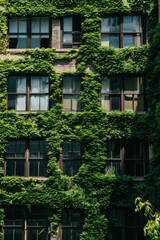 Urban Building with Ivy Covered Brick Facade and Large Windows