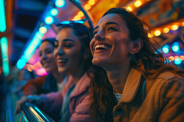 Obraz premium Friends visiting an amusement park and riding thrilling rides, Attractive woman smiling with joy