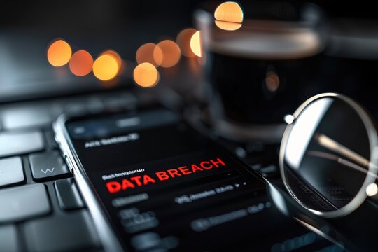 Phone with pop up showing text "DATA BREACH"