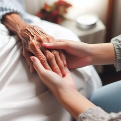 A young hand touching an old hand on a bed, helping and caring for the elderly