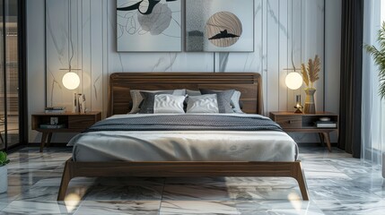 Modern Master bedroom with cozy wooden bed, comfortable mattress, Neat bedsheet and pillows, Expensive acrylic paint, Wall arts, Lamps, Naturally lighted, and Centered.