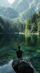 Man sitting on a rock looking out over a lake.  Vertical background 