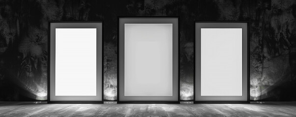 A trio of empty white frames with dark borders, each spotlighted against a wall covered with a plush velvet textur