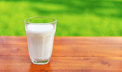 A glass of milk on a wooden table against the backdrop of a summer garden.