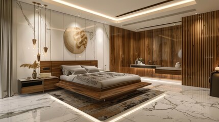 Modern exclusive style Master bedroom with cozy wooden bed, comfortable mattress, Neat bedsheet, Expensive acrylic paint, colorful, artistic, Wall arts, Lamps, side view.