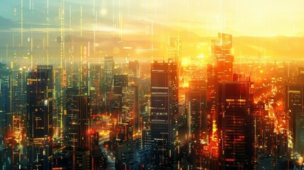 Panoramic view grid of a bustling urban skyline at sunset