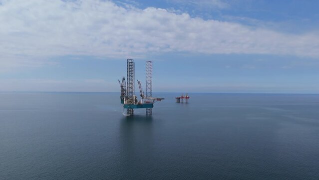 Aerial view of offshore jack up drilling rig during the day time. Oil and gas industry