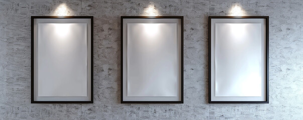 A trio of white frames with dark borders on a light gray wall with a textured  in a modern architectural firm, each centrally spotlighted 